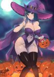  1girl absurdres boots breasts cloud cloudy_sky dawn dawn_(pokemon) full_body full_moon hair_ornament hairclip halloween halloween_bucket halloween_costume hat highres holding kaos_art large_breasts linea_alba long_hair looking_at_viewer midriff moon outdoors pokemon pumpkin scenery skirt sky smile solo twilight witch witch_hat 