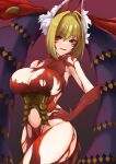  1girl ahoge animal_ears bangs bare_shoulders blonde_hair braid breasts cleavage facial_mark fate/grand_order fate/grand_order_arcade fate_(series) french_braid hair_bun hair_intakes highres horns large_breasts long_hair looking_at_viewer navel nero_claudius_(fate) queen_draco_(beast_vi/s)_(fate) queen_draco_(fate) red_eyes revealing_clothes sawatarou_(roto) smile solo thighs wolf_ears 