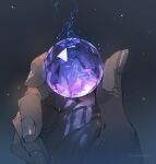  1other ambiguous_gender ball close-up demizu_posuka glass glowing grey_background hand_focus holding holding_ball light_particles original out_of_frame purple_theme solo 