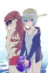  2girls ayanami_rei back ball beachball blue_hair breasts hat highres holding holding_ball looking_at_viewer multiple_girls naimaze_atakamo neon_genesis_evangelion red_eyes souryuu_asuka_langley sunglasses swimsuit water 