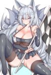  1girl absurdres animal_ears azur_lane bare_shoulders black_skirt black_thighhighs blue_eyes breasts bridal_gauntlets checkered_flag cleavage closed_mouth collarbone commentary_request constricted_pupils dot_nose eiico flag fox_ears fox_girl frilled_skirt frills grey_hair hair_between_eyes highres holding holding_flag huge_breasts knee_up leotard long_hair microskirt official_alternate_costume race_queen shadow shinano_(azur_lane) shinano_(moonlit_chrome)_(azur_lane) shiny shiny_hair simple_background sitting skirt smile solo split_mouth spread_legs tail thick_thighs thighhighs thighs very_long_hair white_background white_footwear 