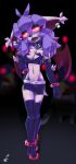  2022 anthro black_bottomwear black_clothing black_lips black_skirt bottomwear breasts chest_tuft chiropteran cleavage clothed clothing collar cosplay digital_media_(artwork) disgaea ear_piercing etna_(disgaea) female glowing glowing_eyes hair hi_res legwear lips mammal membrane_(anatomy) membranous_wings meridia_(waffl3sk4t) nipple_outline open_mouth piercing purple_hair skirt solo standing thigh_highs tuft video_games waffl3sk4t wings 