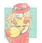  1girl ;| blonde_hair blue_eyes closed_mouth eyes_visible_through_hair eyewear_on_head fennekin hand_up hat high-waist_skirt holding holding_poke_ball katiko long_hair no_nose one_eye_closed poke_ball pokemon pokemon_(creature) pokemon_(game) pokemon_xy red_headwear red_skirt serena_(pokemon) skirt sunglasses white-framed_eyewear 