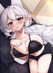  auraaa black_underwear bra breasts camera hand_on_own_chest highres holding holding_camera huge_breasts lorel_(auraaa) midriff original pointy_ears shiny shiny_skin shirt thighs underwear white_hair white_shirt 