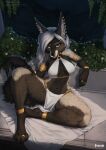  a5an1 anthro canid canine canis claws detailed_background digit_ring ear_piercing female foxovh fur hair harem_outfit hi_res illustration jackal jewelry liora long_hair looking_at_viewer mammal night piercing pinup plant pose ring sitting toe_ring white_hair yellow_eyes 