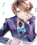  1boy absurdres bangs black_necktie blazer blue_flower blue_rose brown_hair collared_shirt crossed_arms diffraction_spikes falling_petals flower hand_on_own_face highres hitachiin_hikaru holding holding_flower jacket light_blush long_sleeves looking_at_viewer male_focus necktie ouran_high_school_host_club ouran_high_school_uniform petals purple_jacket purple_necktie rose school_uniform shirt short_hair simple_background solo swept_bangs two-tone_necktie u-sama_(u_summer0719) white_background white_shirt yellow_eyes 