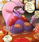  anthro beverage big_breasts breasts burger cheese clothed clothing dairy_products dialogue female food fries generation_6_pokemon goodra hi_res mammal mimy nintendo open_clothing open_shirt open_topwear pokemon pokemon_(species) shirt solo solo_focus speech_bubble text topwear uniform video_games 