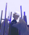  1boy angel bangs blue_theme dated feathered_wings from_behind grey_background grey_hair halo highres kimetsu_no_yaiba long_sleeves looking_at_viewer looking_back male_focus odd7qjxrjtueldt scar scar_on_cheek scar_on_face scar_on_forehead shinazugawa_sanemi short_hair solo splatter upper_body white_wings wings 