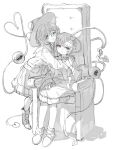  2girls :d blouse blush boots bow buttons collared_shirt commentary full_body greyscale hair_between_eyes hair_ornament hand_on_another&#039;s_arm hat hat_bow heads_together heart heart_button heart_hair_ornament heart_of_string highres hug komeiji_koishi komeiji_satori long_sleeves looking_at_viewer monochrome multiple_girls open_mouth osakanadream parted_lips shirt short_hair siblings sisters sitting skirt slippers smile socks third_eye throne touhou wide_sleeves 