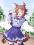  1girl ;d bow bowtie brown_hair clover_hair_ornament commission cowboy_shot fine_motion_(umamusume) frilled_skirt frills green_eyes hair_between_eyes hair_bun hair_ornament hair_ribbon horse_girl horseshoe_ornament long_sleeves looking_at_viewer one_eye_closed pleated_skirt purple_serafuku purple_shirt purple_skirt purple_thighhighs ribbon sailor_collar sailor_shirt school_uniform serafuku shirt shizuna_kaede single_hair_bun skeb_commission skirt smile solo thighhighs tracen_school_uniform umamusume white_bow white_bowtie white_hair 