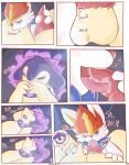  absurd_res anthro bodily_fluids cinderace comic covering covering_face cum duo fellatio fire fur furniture generation_8_pokemon genital_fluids hand_holding hand_on_face hand_on_stomach hi_res hisuian_form hisuian_typhlosion kissing licking lying male male/male nintendo on_back oral penile pokemon pokemon_(species) precum purple_body purple_fur red_body red_fur regional_form_(pokemon) saliva sex sofa spicykiwki tan_body tan_fur text tongue tongue_out video_games white_body white_fur 