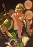  1boy abs absurdres blurry blurry_background brown_eyes fingerless_gloves genji_(overwatch) gloves green_hair green_kimono highres holding holding_towel japanese_clothes katana kimono looking_at_viewer luna-9 male_focus mask muscular muscular_male ninja open_clothes open_kimono open_mouth outdoors overwatch sheath sheathed short_hair short_sleeves solo sweat sword towel weapon weapon_on_back white_gloves 