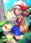  bayleef blue_overalls bow brown_hair cabbie_hat hat hat_bow highres long_hair lyra_(pokemon) overalls pokegear pokemon pokemon_(creature) pokemon_(game) pokemon_hgss red_bow red_shirt shirt thighhighs togepi tonayon twintails white_headwear yellow_bag 