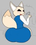  2022 25circle aggressive_retsuko alcohol anthro beverage big_butt black_eyes black_nose blush bottomwear butt canid canine clothing dress_shirt fangs female fennec fenneko fox hi_res holding_glass holding_object looking_at_viewer looking_back mammal miniskirt motion_lines office_lady open_mouth open_smile panty_lines rear_view sanrio shirt skirt smile solo tail_motion tailwag text topwear vest 