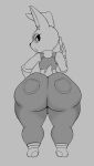  2022 25circle anthro big_butt black_nose bottomwear butt clothing disney female footwear frown grey_background hi_res huge_butt judy_hopps lagomorph leporid line_art looking_at_viewer looking_back mammal monochrome narrowed_eyes pants rabbit rear_view shirt shoes simple_background solo thick_thighs topwear vest zootopia 