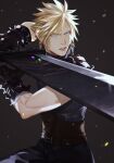  1boy aqua_eyes armor bandaged_arm bandages bangs belt black_background black_gloves blonde_hair blue_pants blue_shirt boooshow buster_sword cloud_strife cowboy_shot embers fighting_stance final_fantasy final_fantasy_vii final_fantasy_vii_remake gloves highres holding holding_sword holding_weapon looking_to_the_side male_focus materia multiple_belts muscular muscular_male pants parted_lips shirt short_hair shoulder_armor sleeveless sleeveless_turtleneck solo spiked_hair suspenders sword turtleneck weapon 