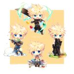  1boy aged_down aqua_eyes armor baggy_pants black_footwear black_gloves black_pants black_shirt blonde_hair blue_eyes blue_pants blue_shirt blush book boots border brown_footwear brown_gloves buster_sword character_name chibi cloud_strife crisis_core_final_fantasy_vii crossed_arms fighting_stance final_fantasy final_fantasy_vii final_fantasy_vii_advent_children final_fantasy_vii_remake flower full_body gloves green_scarf gun hair_between_eyes high_collar highres holding holding_flower holding_gun holding_sword holding_weapon lily_(flower) low_ponytail male_focus materia multiple_views open_mouth pants scarf shi3ashi3a shirt short_hair short_hair_with_long_locks shoulder_armor sitting sleeveless sleeveless_shirt sleeveless_turtleneck sleeves_rolled_up smile snow spiked_hair standing sword thigh_strap turtleneck variations waist_cape weapon wooden_floor yellow_background yellow_flower 