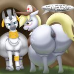  2019 anal anal_vore anus belly big_belly big_butt blonde_hair blue_eyes blush bodily_fluids butt clothing cutie_mark derpy_hooves_(mlp) digital_media_(artwork) duo ear_piercing ear_ring equid equine female feral friendship_is_magic gold_(metal) grey_body grey_hair grey_stripes hair half-closed_eyes hasbro hat headgear headwear hi_res hooves horse jewelry mammal my_little_pony narrowed_eyes piercing pony ring_piercing striped_body stripes sweat tongue tongue_out tracer_painter vore wide_hips yellow_eyes yellow_tail zebra zecora_(mlp) 