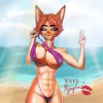  abs absurd_res anthro bald_crotch beach beachfox bikini_removed breasts canid canine clothed clothing clothing_lift female fox gesture hair hi_res kiss_mark mammal muscular nipples nympho_solo seaside sexy_eyes slim small_waist smile smirk smooth_skin solo sun v_sign water 