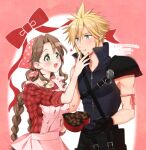  1boy 1girl aerith_gainsborough alternate_costume alternate_hairstyle apron aqua_eyes arm_ribbon armor artist_name bandana bangs black_gloves blonde_hair blush box braid breasts brown_hair chocolate chocolate_on_body chocolate_on_breasts chocolate_on_hand claw_hair_clip cloud_strife couple dated drooling earrings eating feeding final_fantasy final_fantasy_vii final_fantasy_vii_advent_children food_on_body food_on_hand frilled_apron frills gloves green_eyes grey_shirt hair_between_eyes heart heart-shaped_box hetero high_collar holding holding_box jewelry krudears long_hair long_sleeves looking_at_another medium_breasts muscular muscular_male necklace open_collar open_mouth parted_bangs pink_apron pink_background pink_bandana pink_ribbon polka_dot_bandana red_shirt ribbon shirt short_hair shoulder_armor sidelocks single_earring sleeveless sleeveless_shirt sleeves_rolled_up smile spiked_hair suspenders twin_braids twitter_username upper_body valentine waist_cape wavy_hair 
