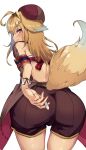  1girl absurdres ahoge animal_ears bangs blonde_hair dog_ears dog_girl dog_tail fang from_behind hat highres indie_virtual_youtuber long_hair looking_back purple_eyes red_ribbon ribbon shitagai_nora shorts skin_fang solo sweatdrop tail tomo0843 virtual_youtuber white_background 