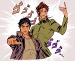  1o231224 2boys arm_up black_hair chain coat commentary earrings emphasis_lines english_commentary gakuran green_coat green_eyes highres jewelry jojo_no_kimyou_na_bouken kujo_jotaro long_coat male_focus multiple_boys pointing pointing_at_viewer pose purple_coat purple_eyes red_hair school_uniform serious short_hair stardust_crusaders stud_earrings upper_body 