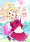  1girl absurdres armpits ayase_eli bangs birthday blonde_hair blue_eyes blush breasts building cheerleader commentary high_ponytail highres long_hair looking_at_viewer love_live! love_live!_school_idol_project medium_breasts midriff navel pom_pom_(cheerleading) ponytail school scrunchie signature smile solo upper_body white_scrunchie zero-theme 