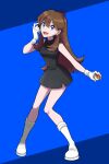  1girl :d ayan_ip bangs bare_arms black_dress blue_background blue_eyes boots brown_hair commentary dress earrings full_body green_(pokemon) hair_between_eyes hand_up highres holding holding_poke_ball jewelry knees long_hair open_mouth poke_ball poke_ball_(basic) pokemon pokemon_adventures short_dress sleeveless sleeveless_dress smile solo symbol-only_commentary tongue white_footwear 