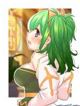  1girl alternate_color arch_bishop_(ragnarok_online) bangs blurry blurry_background blush border breasts commentary_request dated dress green_dress green_hair large_breasts long_hair long_sleeves looking_at_viewer looking_back open_mouth outline outside_border purple_eyes ragnarok_masters sash skindentation solo stained_glass tomo-graphy two-tone_dress two_side_up upper_body white_border white_dress white_outline yellow_sash 
