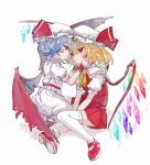  2girls ascot blonde_hair blue_hair blush closed_mouth collared_shirt commentary crystal demon_wings flandre_scarlet full_body hair_between_eyes hands_on_another&#039;s_cheeks hands_on_another&#039;s_face hat hat_ribbon looking_at_another mary_janes mob_cap multiple_girls osakanadream pointy_ears puffy_short_sleeves puffy_sleeves red_eyes red_footwear red_ribbon red_skirt red_vest remilia_scarlet ribbon shirt shoes short_hair short_sleeves siblings simple_background sisters sitting skirt skirt_set smile socks thighhighs touhou vest white_background white_headwear white_shirt white_skirt white_socks white_thighhighs wings wrist_cuffs yellow_ascot 