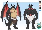  1ceberg absurd_res anthro belly big_pecs blue_eyes bottomwear clothed clothing dark_body dragon front_view hand_on_stomach hi_res horn loincloth male model_sheet mostly_nude musclegut muscular muscular_male nipples overweight partially_clothed pecs rear_view scalie solo standing wings 
