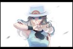  1girl absurdres ayan_ip black_wristband blood blood_on_face blue_eyes blue_shirt breasts brown_hair bucket_hat closed_mouth commentary_request covered_collarbone green_(pokemon) hair_flaps hand_up hat highres letterboxed long_hair pokemon pokemon_adventures shirt sleeveless sleeveless_shirt solo upper_body white_background white_headwear wristband 