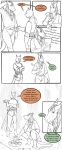  2022 5_fingers anthro black_text bottomwear campfire clothed clothing comic crouching dialogue duo english_text felid feline fingers fully_clothed fur gloves hair handwear hi_res letter lynx mammal pants sergal speech_bubble standing text thehades topwear 