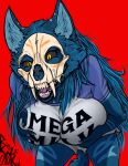  absurd_res anthro bigwolfkol_(artist) blue_body blue_fur blue_hair bone bottomwear breast_grab breast_squish breasts canid canine canis clothing elvia female fur hair hand_on_breast hi_res hotpants humanoid long_hair mammal mask mega_milk meme meme_clothing open_mouth shirt shorts skull skull_mask smile smiling_at_viewer solo squish t-shirt teeth teeth_showing tongue topwear wolf 