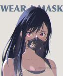  1girl asymmetrical_bangs bangs bare_shoulders black_bra black_hair black_mask bra breasts cleavage collarbone english_text final_fantasy final_fantasy_vii final_fantasy_vii_remake goku-chan grey_background hair_between_eyes highres large_breasts long_hair looking_at_viewer mask mouth_mask portrait red_eyes shirt sleeveless sleeveless_shirt solo sports_bra tifa_lockhart twitter_username underwear upper_body white_shirt 