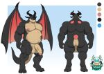  1ceberg absurd_res anthro balls belly big_balls big_butt big_pecs big_penis blue_eyes butt dark_body dragon erection front_view genitals hand_on_stomach hi_res horn male model_sheet musclegut muscular muscular_male nipples nude overweight pecs penis rear_view scalie solo standing wings 