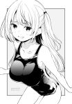  1girl blush breasts collarbone commentary_request dated fang grey_background greyscale highres kichihachi large_breasts long_hair looking_at_viewer monochrome one-piece_swimsuit original skin_fang smile solo swimsuit twitter_username two-tone_background two_side_up white_background 