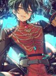  1boy belt black_gloves black_hair black_jacket black_pants blue_butterfly blue_eyes bug butterfly circus66 earpiece earrings ensemble_stars! gem gloves grey_belt hair_between_eyes hand_up heterochromia jacket jewelry kagehira_mika long_sleeves looking_at_viewer male_focus mandarin_collar multicolored_clothes multicolored_jacket pants parted_lips picture_frame red_jacket short_hair smile solo tassel two-tone_jacket upper_body yellow_eyes 