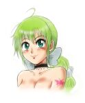  1girl arm_tattoo bare_shoulders breasts butterfly_tattoo choker cleavage closed_mouth collarbone green_eyes green_hair hair_ribbon long_hair looking_at_viewer matsuba_gogatsu multi-tied_hair ponytail ribbon saga saga_frontier_2 simple_background smile solo tattoo virginia_knights white_background 