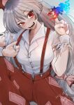  1girl absurdres bow breasts collared_shirt dated fire fujiwara_no_mokou grey_hair hair_bow highres large_breasts long_hair nukojinuko ofuda ofuda_on_clothes open_mouth pyrokinesis red_bow red_eyes shirt signature solo suspenders teeth torn_clothes torn_sleeves touhou white_shirt 