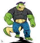  2022 absurd_res alligator alligatorid anthro bottomwear brok_(character) brok_the_investigator clothing crocodilian green_body hat headgear headwear hi_res humanoid_hands male muscular muscular_male obenpanda pants reptile scalie shirt simple_background solo topwear video_games 