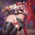  1girl belt breasts cameltoe cape clenched_teeth closed_mouth dragon:_marked_for_death empress_(dmfd) fingerless_gloves gloves glowing glowing_eyes hair_between_eyes hair_ornament holding holding_sword holding_weapon large_breasts light_blush navel niur panties patreon_username red_eyes scar scar_on_cheek scar_on_face sharp_teeth short_hair solo strapless sword teeth thighhighs torn_clothes tube_top underwear weapon white_hair wide_hips 