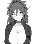  1girl bodysuit breasts cleavage covered_nipples cross cross_earrings cross_necklace dolphin_wave earrings emirio_(emirio110) greyscale jewelry kurenashi_yuuri large_breasts medium_hair monochrome musical_note necklace open_bodysuit spiked_hair standing upper_body white_background 