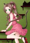  1girl aerith_gainsborough alternate_costume animal_ear_fluff animal_ears bangs bare_shoulders black_cat black_footwear bracelet breasts brown_hair cat cat_ears cat_girl cat_tail dated dress fang final_fantasy final_fantasy_vii final_fantasy_vii_remake foot_out_of_frame frilled_dress frills green_eyes hair_ribbon high_heels highres indoors jewelry light_blush long_hair looking_at_viewer medium_breasts nalu open_mouth parted_bangs pink_dress pink_ribbon ponytail red_footwear ribbon shirt short_dress sidelocks sleeveless sleeveless_shirt slit_pupils smile solo strappy_heels tail two-tone_footwear wavy_hair 