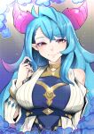  1girl bangs bare_shoulders blue_dress blue_hair breasts colored_tips dragalia_lost dragon_girl dragon_horns dress eyeshadow hair_between_eyes highres horns jewelry large_breasts long_hair long_sleeves looking_at_viewer makeup mercury_(dragalia_lost) multicolored_hair pink_hair pointy_ears purple_eyeshadow red_eyes ring smile strap upper_body vialnite 