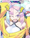  1girl bow-shaped_hair character_hair_ornament hair_ornament highres iono_(pokemon) jacket long_hair low-tied_long_hair oversized_clothes poke_ball pokemon pokemon_(game) pokemon_sv sharp_teeth shirt sleeveless sleeveless_shirt sleeves_past_wrists solo tago_sota teeth very_long_sleeves x yellow_jacket 