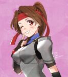  1girl armor artist_name bangs black_gloves black_shirt blue_leotard blush breastplate breasts brown_hair dated earrings final_fantasy final_fantasy_vii final_fantasy_vii_remake finger_to_mouth fingerless_gloves gloves grin headband jessie_rasberry jewelry krudears leotard long_hair looking_at_viewer medium_breasts one_eye_closed parted_bangs pink_background ponytail red_eyes red_headband shirt short_sleeves shoulder_armor smile solo teeth turtleneck_leotard twitter_username upper_body 