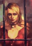  1girl bangs bars blonde_hair blue_eyes breasts choker hair_strand hungry_clicker lipstick looking_at_viewer makeup maria_(silent_hill) medium_breasts portrait realistic red_shirt shirt short_hair silent_hill_(series) silent_hill_2 solo swept_bangs 