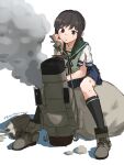  1girl absurdres adapted_turret black_eyes black_hair blue_sailor_collar cannon fubuki_(kancolle) highres kantai_collection low_ponytail machinery medium_hair ponytail rock sailor_collar school_uniform serafuku short_ponytail sidelocks simple_background sitting smoke smokestack solo torn_clothes torn_legwear turret umibudou white_background 