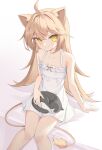  1girl ahoge animal_ears animal_on_lap bangs bare_arms bare_shoulders blonde_hair cat cat_on_lap closed_mouth crossed_bangs dress feet_out_of_frame hair_between_eyes highres indie_virtual_youtuber knees_together_feet_apart lion_ears lion_girl lion_tail long_hair looking_at_viewer on_bed on_lap petting quarterlift rurudo_lion simple_background sitting smile solo tail very_long_hair virtual_youtuber white_background white_dress yellow_eyes 